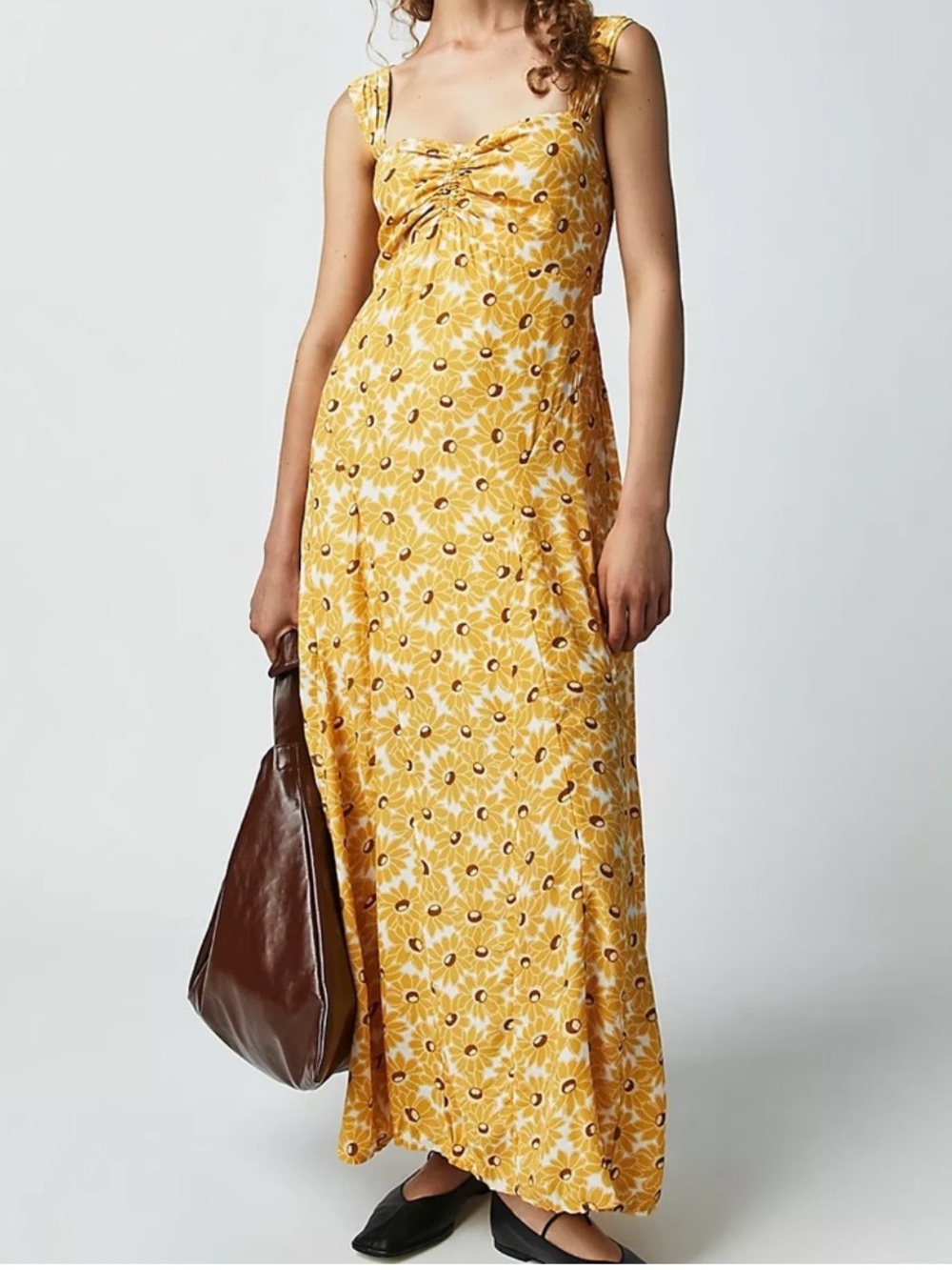 Free People Rosalee Yellow Floral Smocked Back Cut Out Boho Maxi Dress
